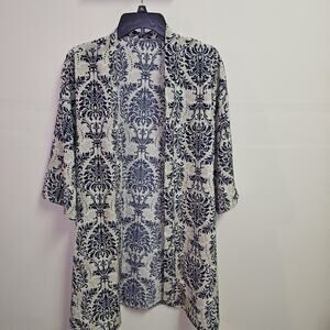 Kimono Cardigan XL Blue Cream Paisley Floral Open Front 3/4 Sleeve Boho Layer